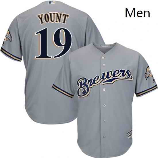 Mens Majestic Milwaukee Brewers 19 Robin Yount Replica Grey Road Cool Base MLB Jersey